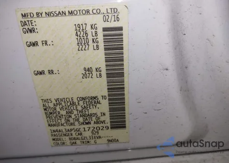 2016 Nissan Altima 2.5/2.5 S/2.5 Sl/2.5 Sr/2.5 Sv z USA, uszkodzony, nr VIN 1N4AL3AP5GC172029